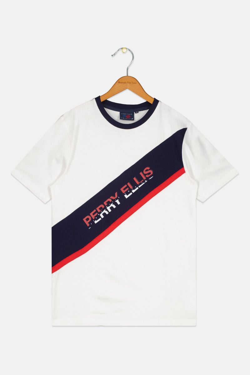 PERRY ELLIS Kids Boy Short Sleeve Brand Logo T-Shirt, White - Image 1